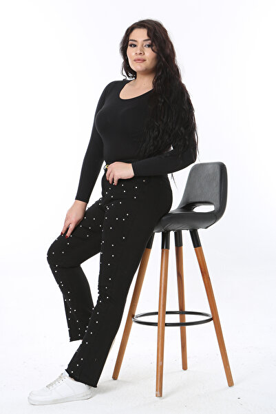 Şans Γυναικείο τζιν μαύρο μαργαριτάρι και πέτρα με λεπτομέρειες 5 τσέπες Lycra 65N38559