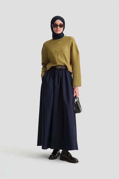Armine Leather Belted Gathered Skirt 24K1717 Navy Blue