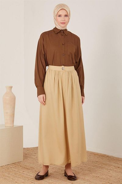 Armine Fusta bej din Gabardina - Decupaj si ciucuri, Model 23y1412