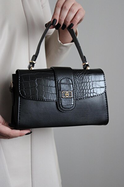 mossi Black Crocodile Leather Detailed Covered Hand and Shoulder Bag with Adjustable Strap