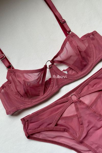 Rubuvi Liza Women's Tulle Bralet and Underwire Ring Detail Bra and Panty Set