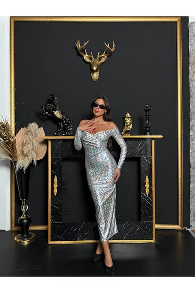 S&A Collectionn Rochie maxi din țesătură din folie cu mânecă lungă, fără umăr