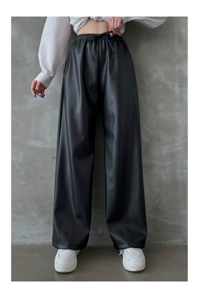 BEES JEANS Women's High Waist Black Leather Palazzo Pants