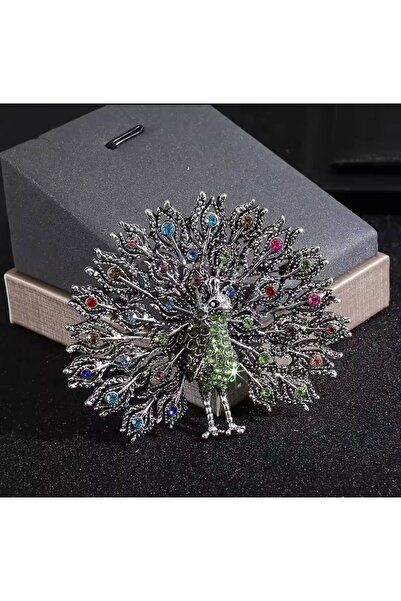 ESJ Kristal Zirkon Taş Tavus Kuşu Kadın Broş Ebat: 6*7,5 Cm