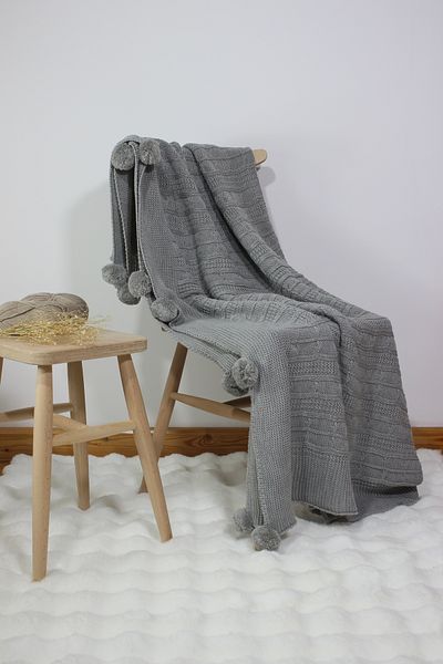 ARVA Gray Knitwear Tv Blanket - Home Knitted Pompom Sofa Shawl
