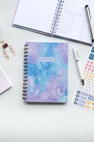 Martius Art A5 Hard Cover Spiral Boundless Planner Agenda with Motivational Pages and Stickers Lilac Blue Sky