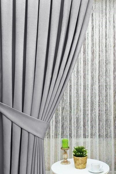 İ.D İpek Dokuma Light Gray Pleated Velvety Background Curtain High Quality Single Wing