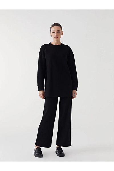 LC Waikiki Lcw Modest Black Crew Neck Textured Women's Tunic