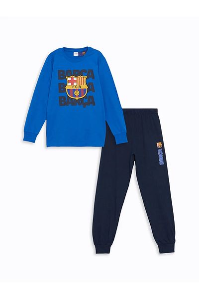 LC Waikiki Set de pijamale pentru băieți cu imprimeu Barcelona, ​​albastru, cu gâtul turn, LCW Kids