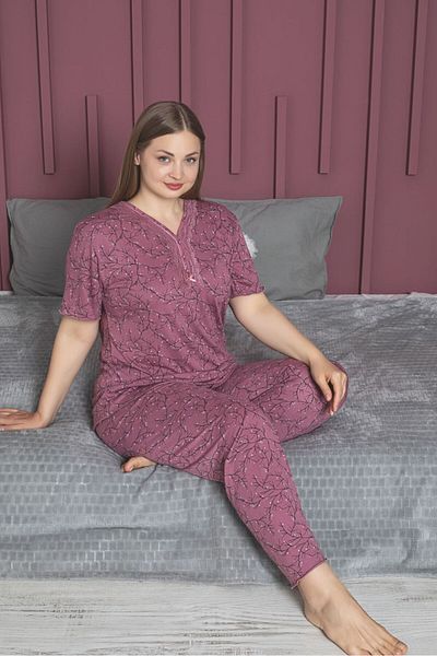 Temporium Women's Powder Large Size Patterned Buttoned Collar Short Sleeve Bamboo Pajama Set