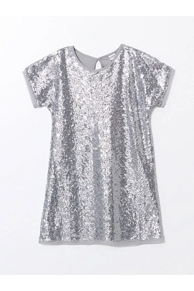 LC Waikiki Lcw Kids Girl Gray Crew Neck Sequin Embroidered Dress - Cent Trade