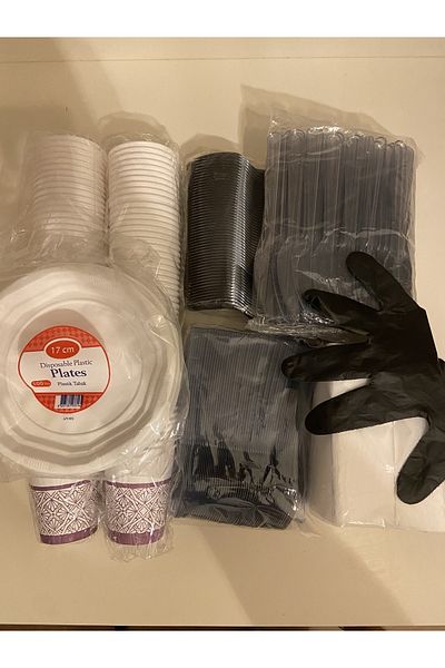wellpack Disposable Set 100 Pieces Plate, Fork, Spoon, Knife, Cardboard Cup, Napkin 1 Piece Gloves