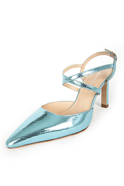 Dericlub DERİCLUB Kadın Stiletto Sivri Burun Arkası Açık Bantlı Topuklu Ayakkabı Gerçek Deri SY 27380 BUZ MAV