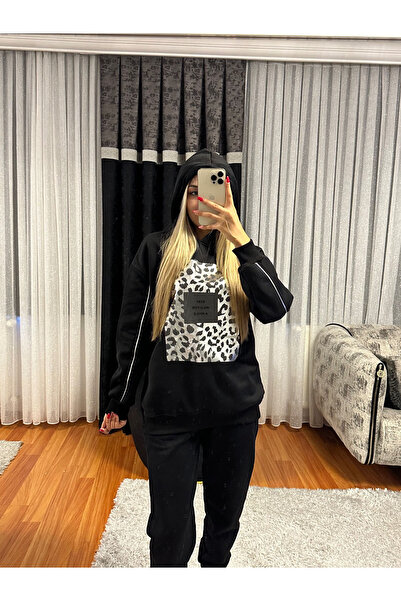 SHINE STYLE Leopar Detay Kapüşonlü Sweatshirt Siyah