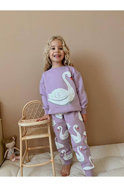 anonim Swan Printed Girl's Bottom Top Set