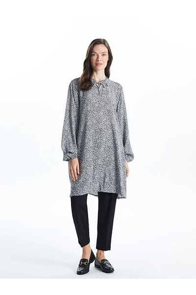 LC Waikiki Lcw Grace Black Lace-Up Collar Patterned Women's Tunic