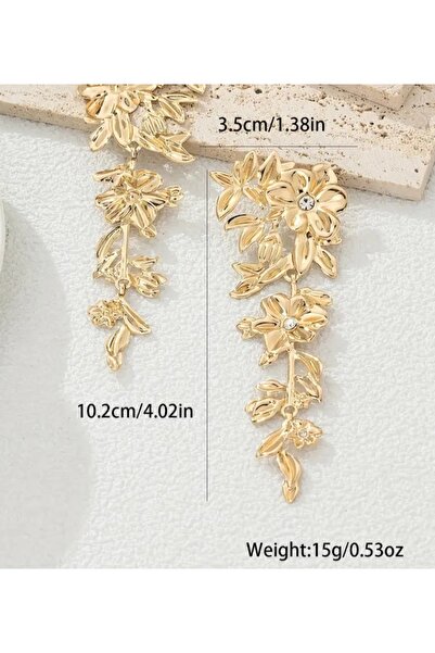 ER TAKI Taşlı Gold Renkli Büyük Gösterişli Çiçek Figürlü Nişan Kına Düğün Abiye Küpe