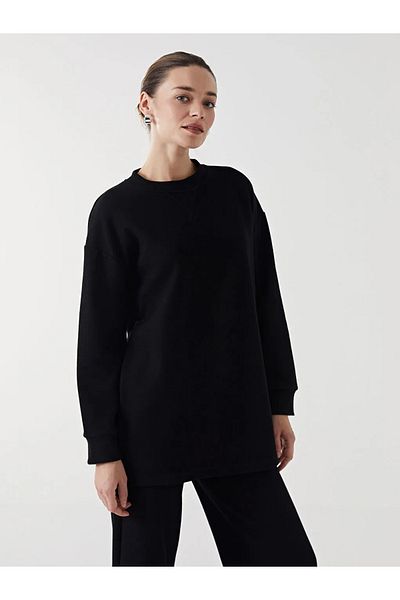 LC Waikiki Lcw Modest Black Crew Neck Textured Women's Tunic