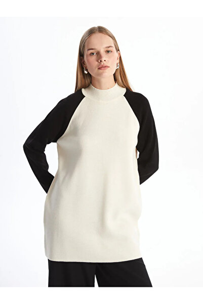 LC Waikiki Lcw Modest Ecru Stand Collar Color Block Women's Knitwear Tunic