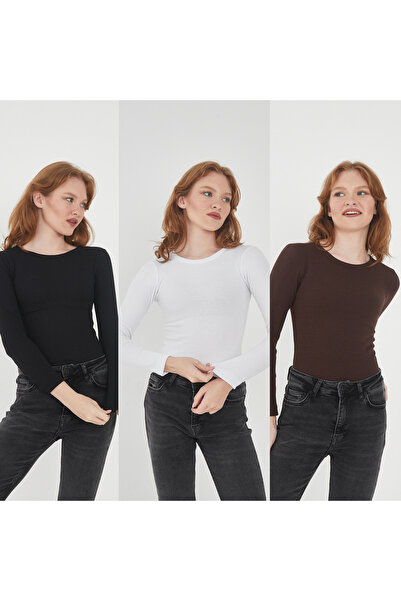 Wearflawless Γυναικεία 100% ΒΑΜΒΑΚΙ 3 τμχ Σετ μπλούζα με μακρυμάνικη λαιμόκοψη