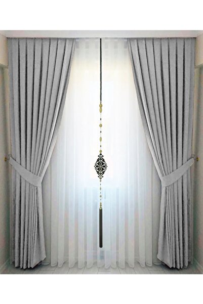 İ.D İpek Dokuma Light Gray Pleated Velvety Background Curtain High Quality Single Wing