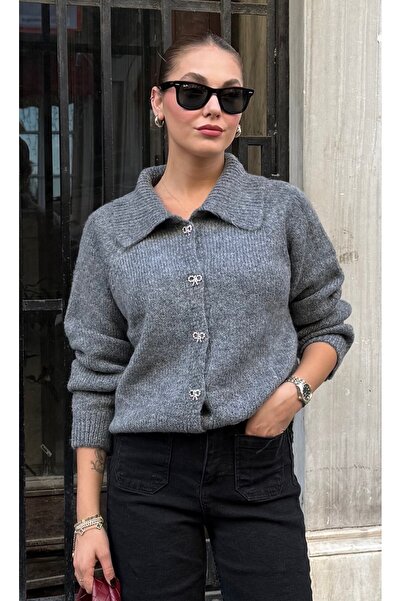 Laluvia Anthracite Stone Bow Button Cardigan-4475