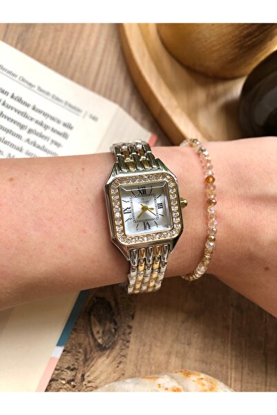 Coliseum Retro Vintage Square Roman Numeral Jewelled Gold-Silver Women's Wristwatch