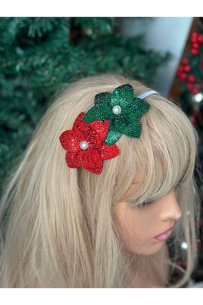 QUEEN AKSESUAR Luxury Design with Green Red Pearls - Crystal Stone Detailed Star Flower Lotus Flower Christmas Special Occasion Crown Metal