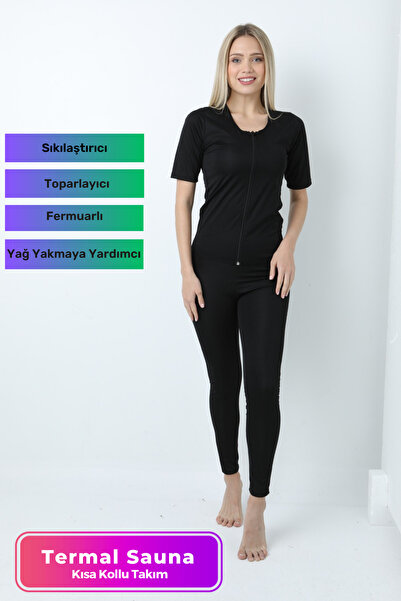 Lidyacottone Costum de saună cu mânecă scurtă și fermoar, pentru arderea grăs...