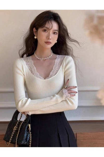 Köstebek Long Sleeve Blouse with Bow Lace Collar and Sleeves