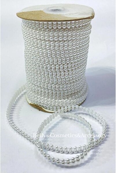 BEİLYS COSMETİCS & ACCESSORY 4 مم صف مزدوج من الخرز نصف اللؤلؤ، شريط أبيض اللون بطول 5 أمتار من الخرز البلاستيكي نصف اللؤلؤ