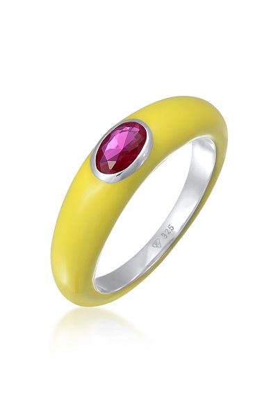 ELLI Ring Damen Solitär Oval mit Emaille Orange und Zirkonia Kristallen Grün aus 925 Sterling Silber Gold