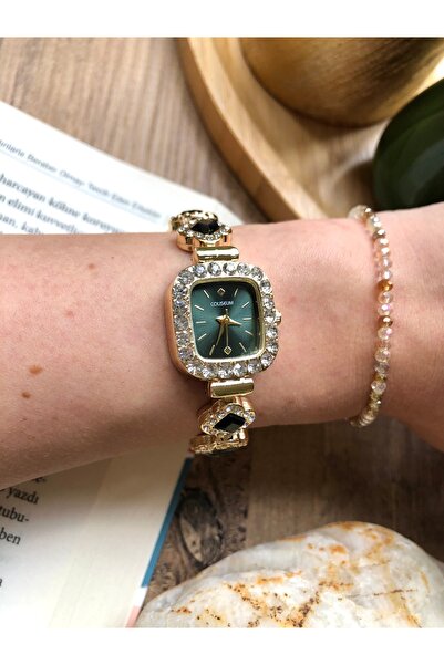 Coliseum Elegant Gold Green Women's Wristwatch with Square Stones