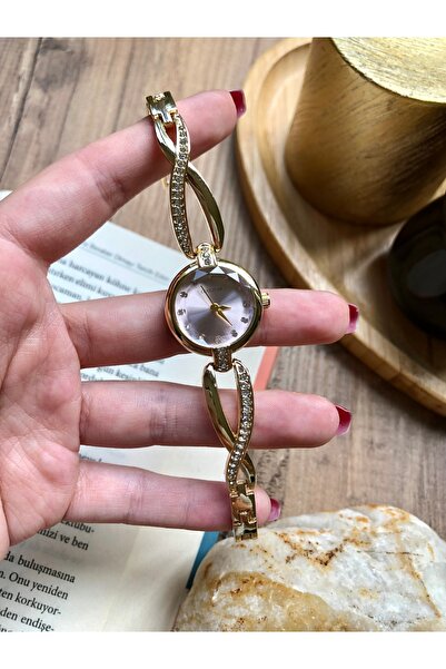 Coliseum Yuvarlak Kordonu Tasarım Detaylı Minik Taşlı İçi Pembe Gold Kadın Kol Saati