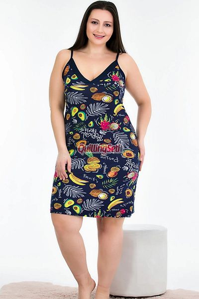 quilling Navy Blue Color and Print Women's Sling Sleeve Plus Size Mother's Tunic Nightgown - 8716