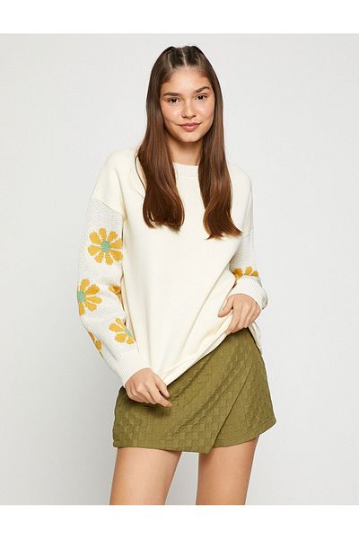 Koton Crew Neck Sweatshirt with Floral Knitted Sleeves and Fleece Inside