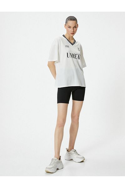 Koton V-Neck T-Shirt Printed Long Relaxed Fit Short Sleeve