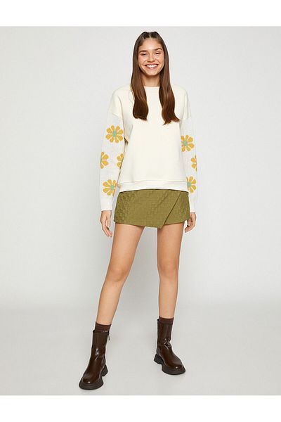 Koton Crew Neck Sweatshirt with Floral Knitted Sleeves and Fleece Inside