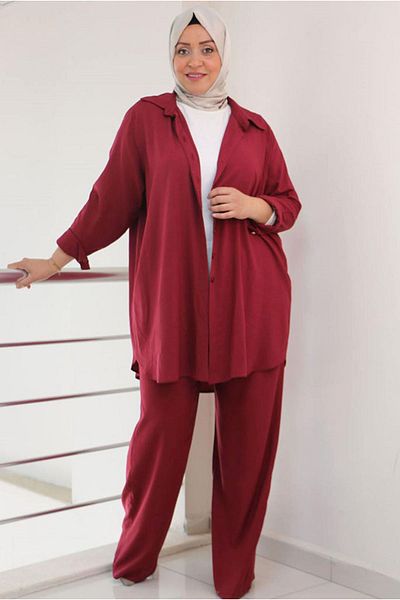 Moda Rosa 24Y47044 - أحمر كلاريت - طقم بنطلون منسوج مستقيم بفتحة مخفية مقاس كبير