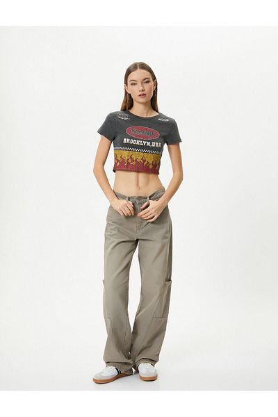 Koton Pale Effect Crop T-Shirt Printed Short Sleeve Crew Neck Cotton
