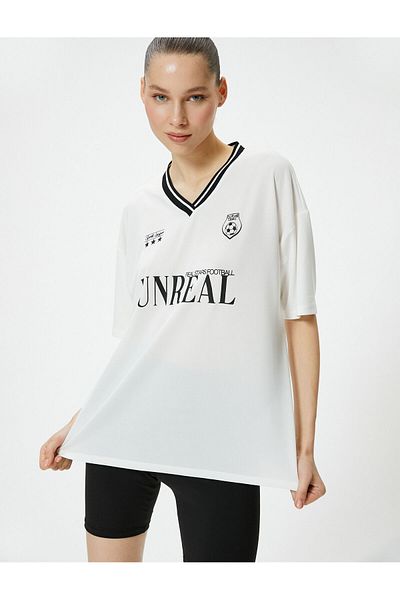 Koton V-Neck T-Shirt Printed Long Relaxed Fit Short Sleeve