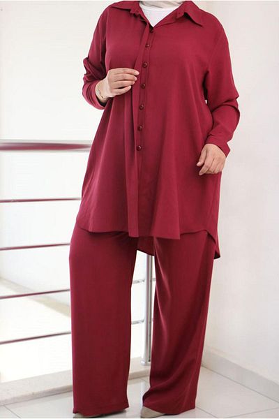Moda Rosa 24Y47044 - أحمر كلاريت - طقم بنطلون منسوج مستقيم بفتحة مخفية مقاس كبير