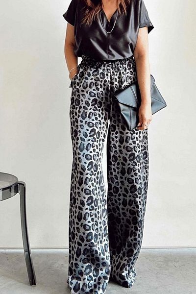 trendalisse Leopard Pattern Wide-Leg Satin Trousers with Elastic Waist Pockets