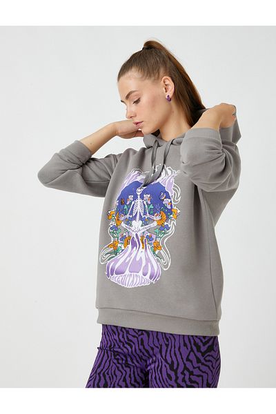 Koton Oversize Sweatshirt Printed Hoodie With Fleece Inside