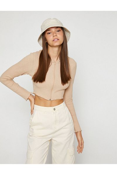 Koton Crop Cardigan Zipper Hooded
