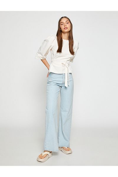 Koton Belted Blouse Balloon Sleeves Crew Neck Textured