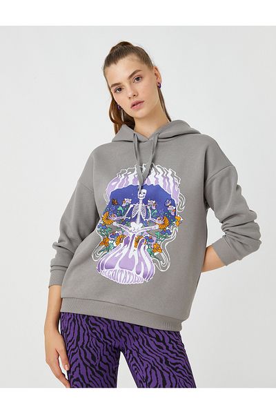Koton Oversize Sweatshirt Printed Hoodie With Fleece Inside