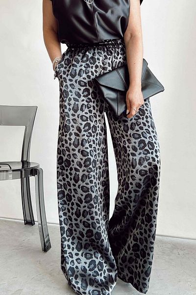trendalisse Leopard Pattern Wide-Leg Satin Trousers with Elastic Waist Pockets