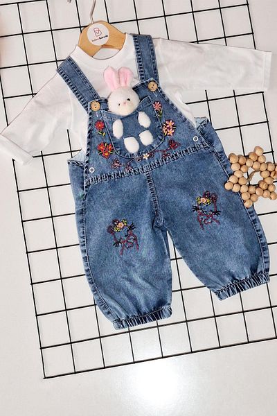 BEBECİBURADA Baby Girl Denim Salopet with Rabbit Toy