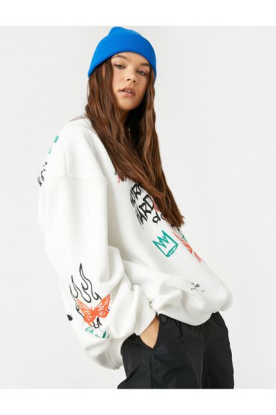 Koton Hooded Sweatshirt Graffiti Printed Long Sleeve With Fleece Inside